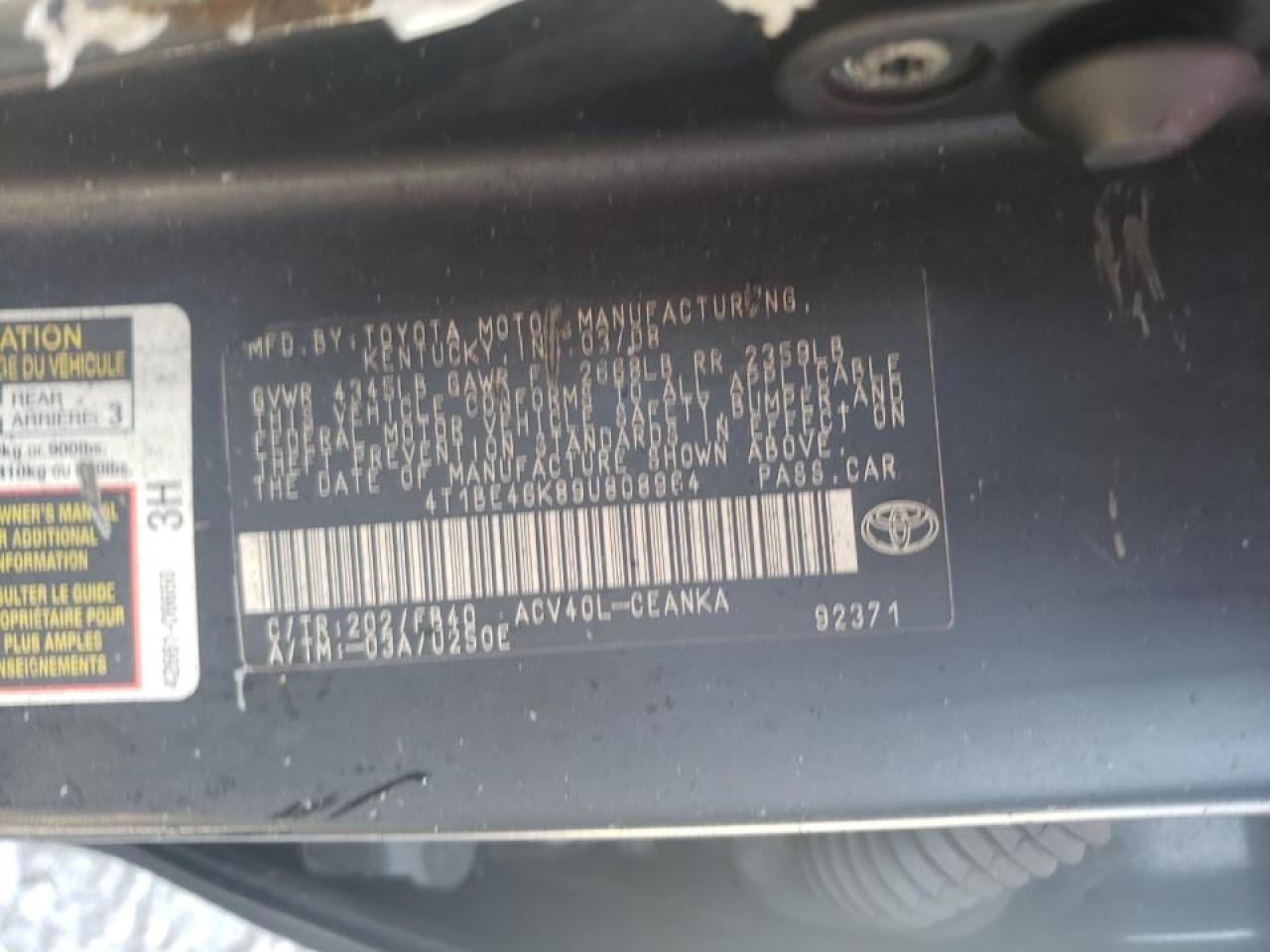 Photo 10 from auction – 2009 TOYOTA CAMRY BASE with VIN 4T1BE46K89U808964