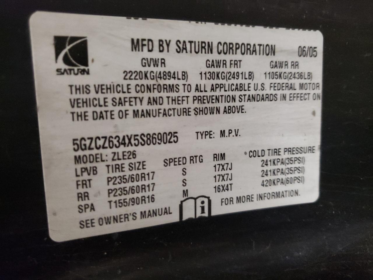 Photo 10 from auction – 2005 SATURN VUE with VIN 5GZCZ634X5S869025