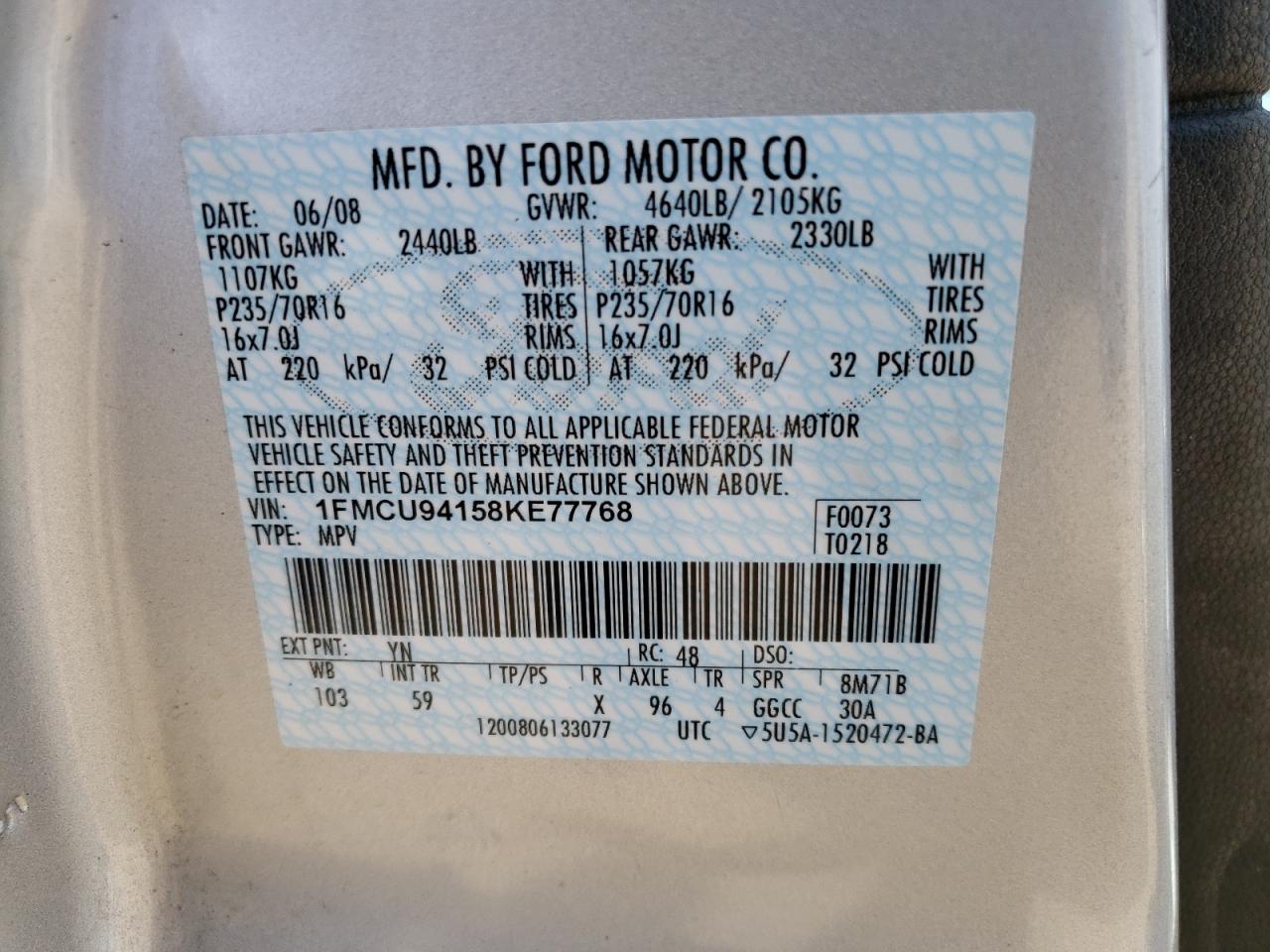 Photo 10 from auction – 2008 FORD ESCAPE LIM with VIN 1FMCU94158KE77768