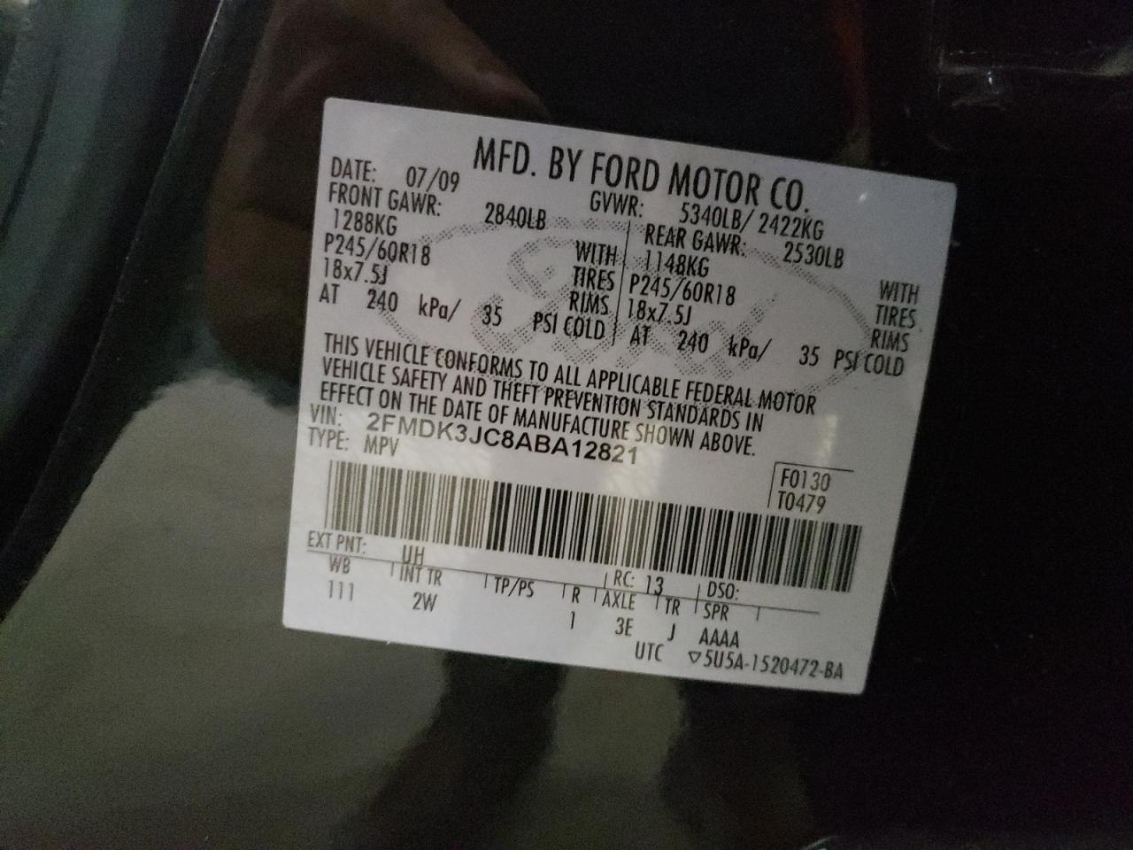 Photo 10 from auction – 2010 FORD EDGE SEL with VIN 2FMDK3JC8ABA12821