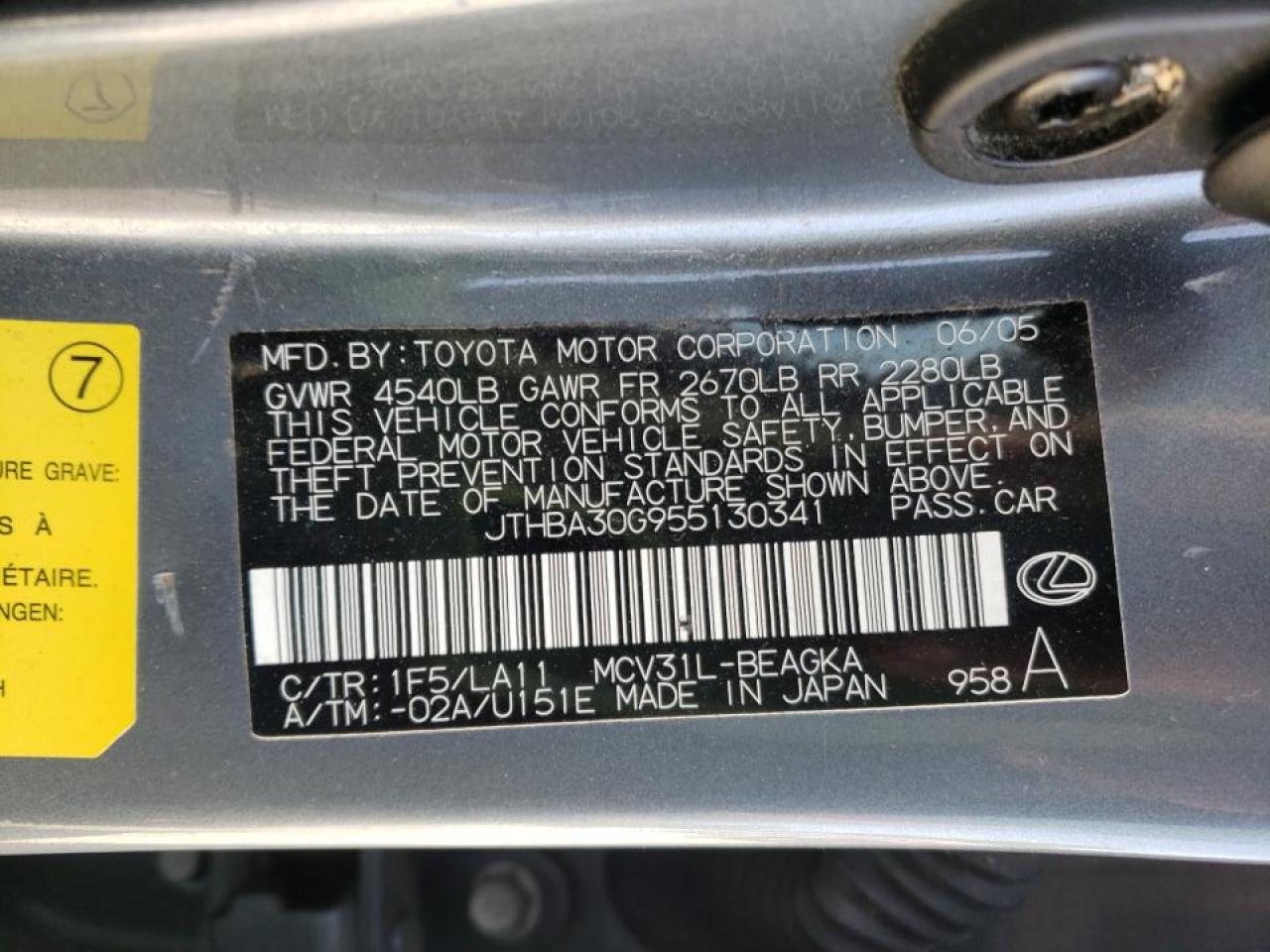 Photo 10 from auction – 2005 LEXUS ES 330 with VIN JTHBA30G955130341