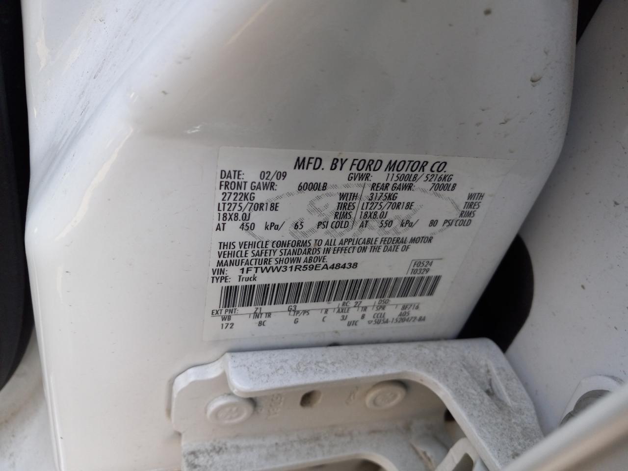 Photo 10 from auction – 2009 FORD F350 SUPER with VIN 1FTWW31R59EA48438