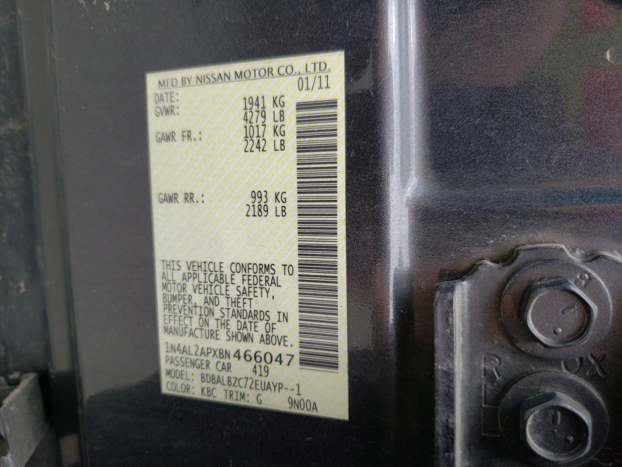 Photo 10 from auction – 2011 NISSAN ALTIMA BAS with VIN 1N4AL2APXBN466047