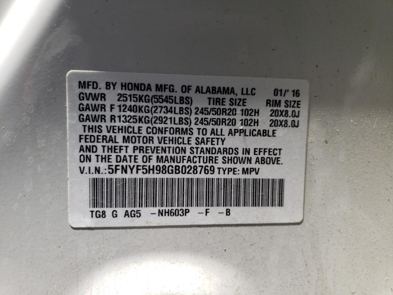 Photo 10 from auction – 2016 HONDA PILOT TOUR with VIN 5FNYF5H98GB028769