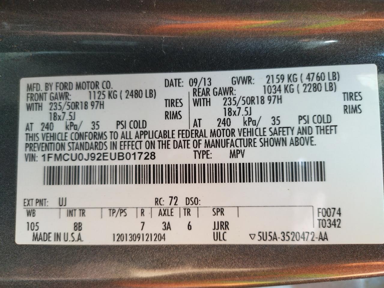 Photo 10 from auction – 2014 FORD ESCAPE TIT with VIN 1FMCU0J92EUB01728