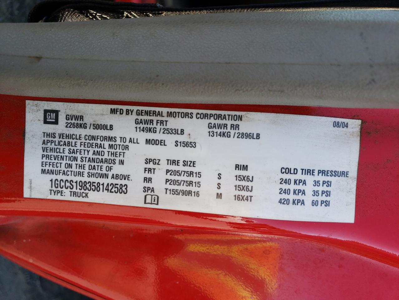 Photo 10 from auction – 2005 CHEVROLET COLORADO with VIN 1GCCS198358142583