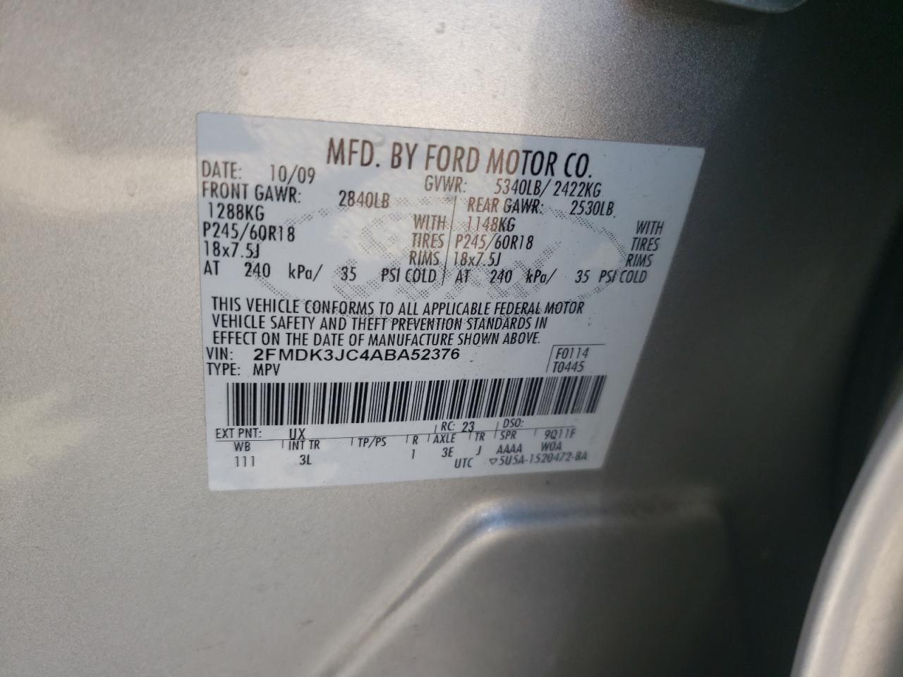 Photo 10 from auction – 2010 FORD EDGE SEL with VIN 2FMDK3JC4ABA52376