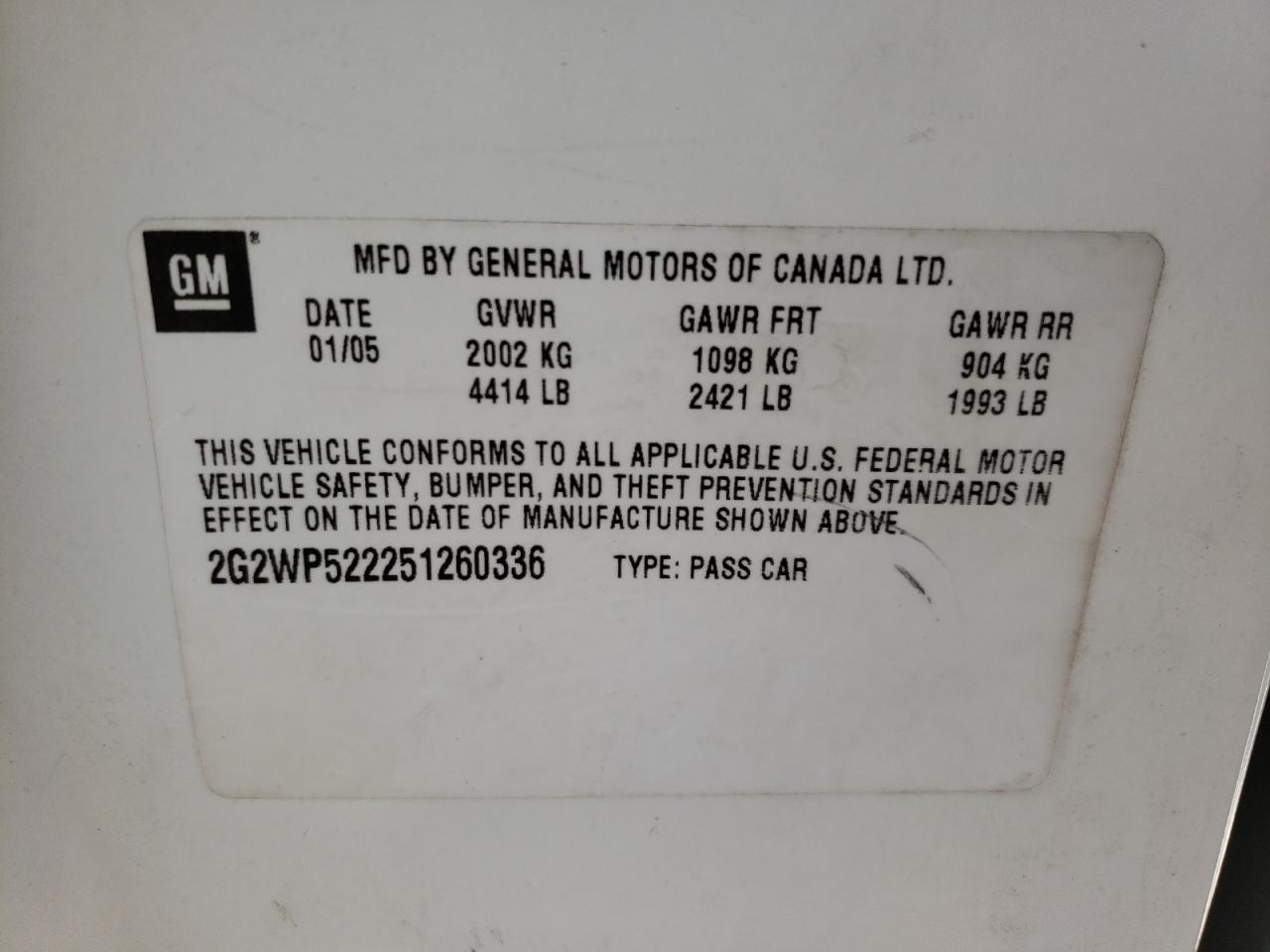 Photo 10 from auction – 2005 PONTIAC GRAND PRIX with VIN 2G2WP522251260336