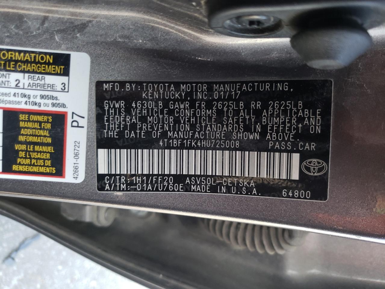 Photo 10 from auction – 2017 TOYOTA CAMRY LE with VIN 4T1BF1FK4HU725008