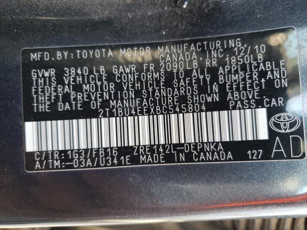 Photo 10 from auction – 2011 TOYOTA CAROLLA with VIN 2T1BU4EEXBC545804