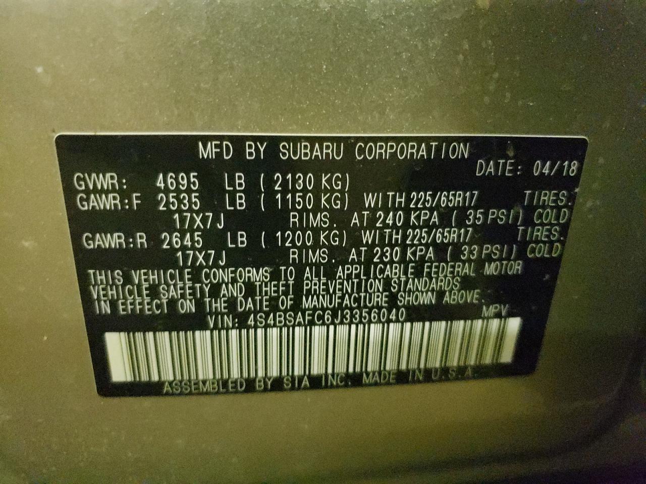 Photo 10 from auction – 2018 SUBARU OUTBACK 2. with VIN 4S4BSAFC6J3356040