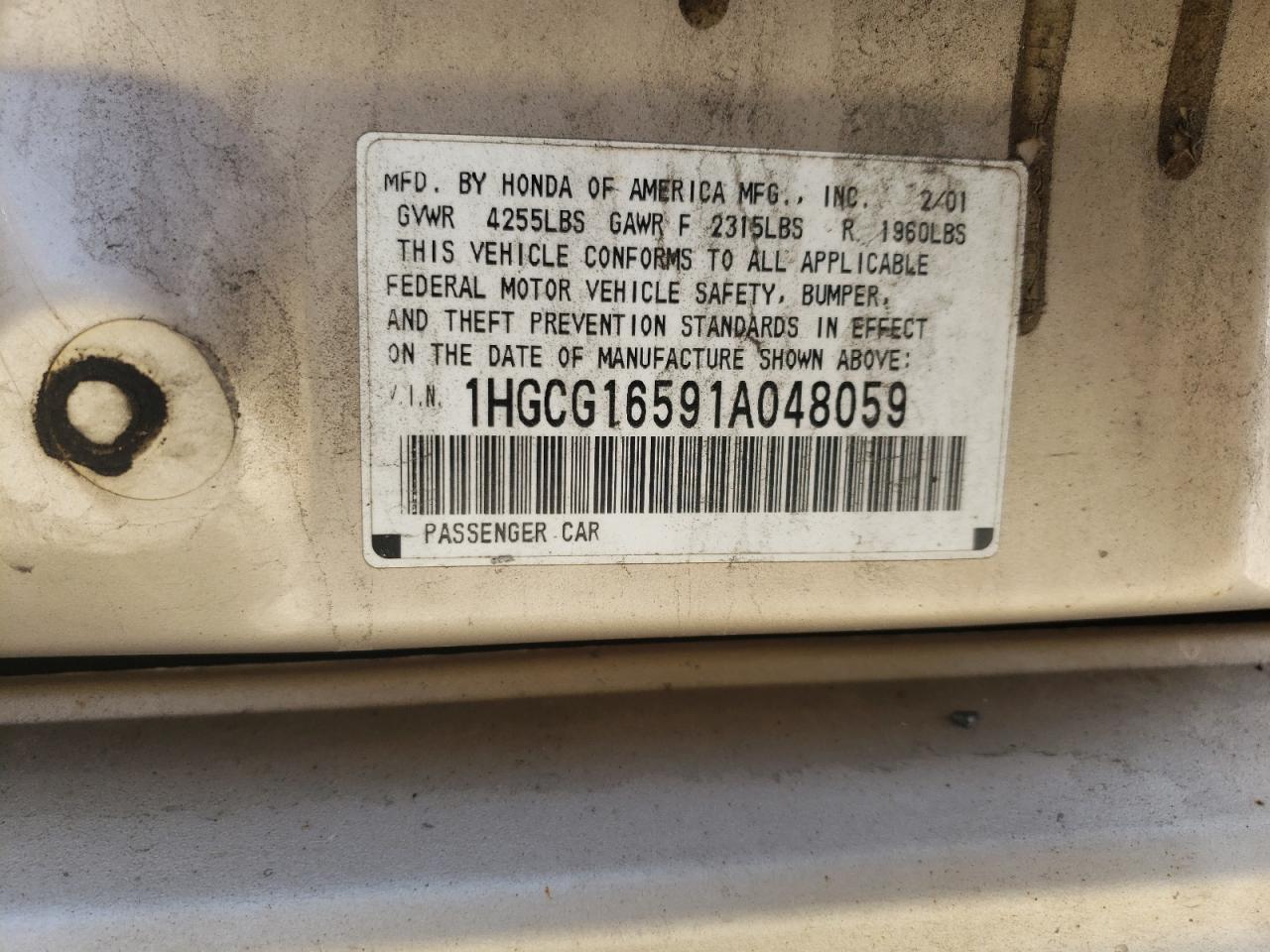 Photo 10 from auction – 2001 HONDA ACCORD with VIN 1HGCG16591A048059