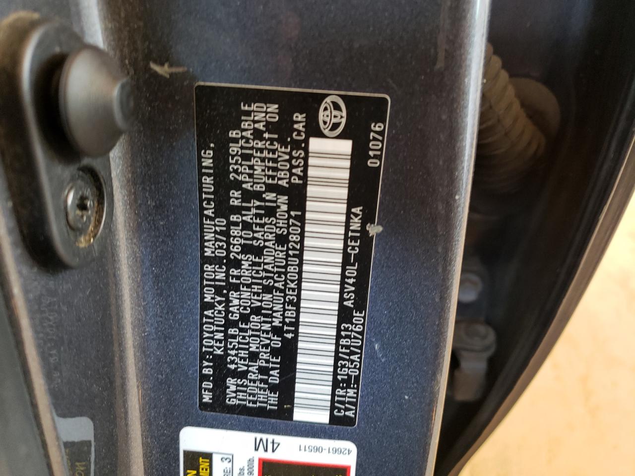 Photo 10 from auction – 2011 TOYOTA CAMRY BASE with VIN 4T1BF3EK0BU128071