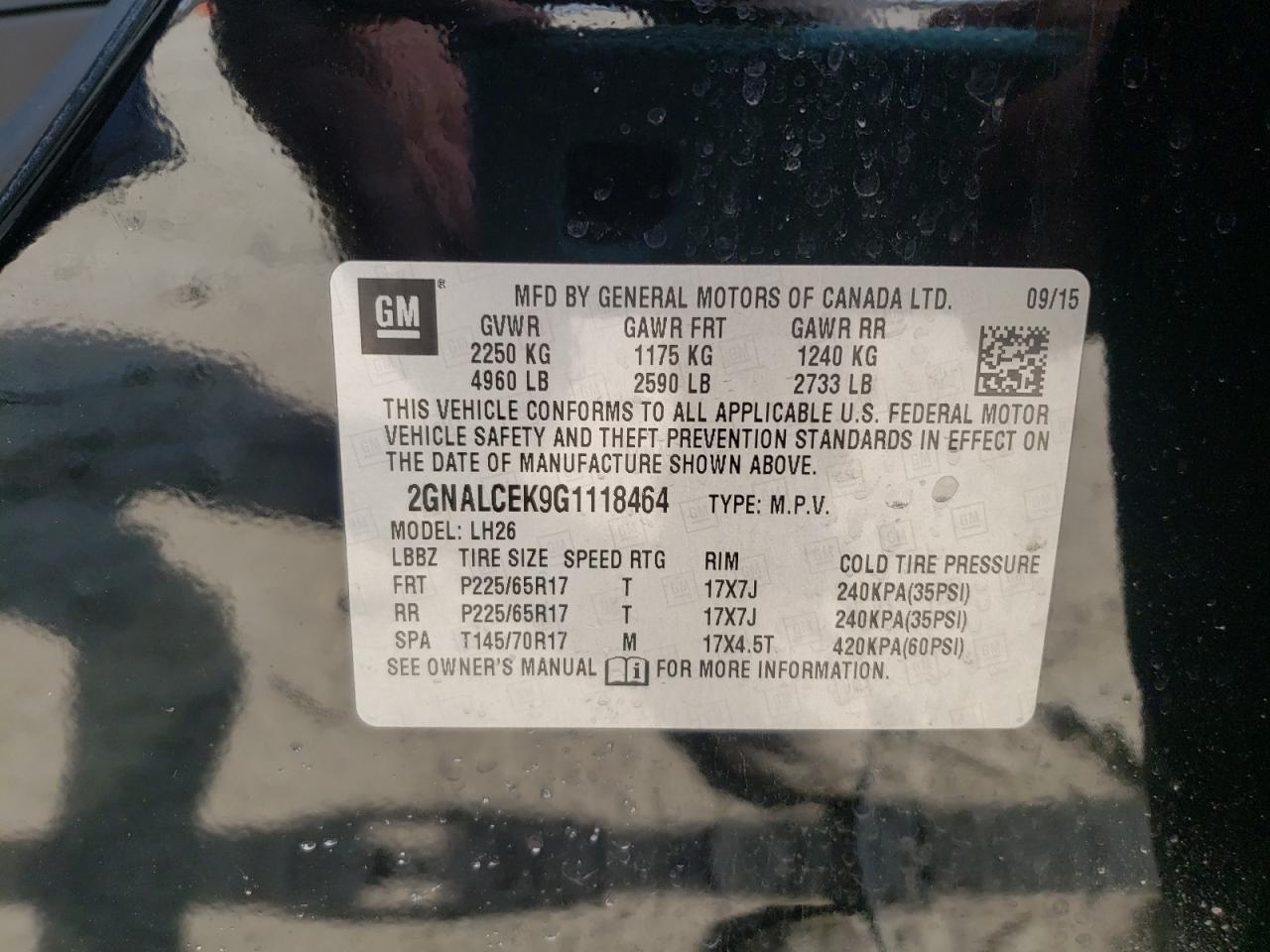 Photo 10 from auction – 2016 CHEVROLET EQUINOX LT with VIN 2GNALCEK9G1118464