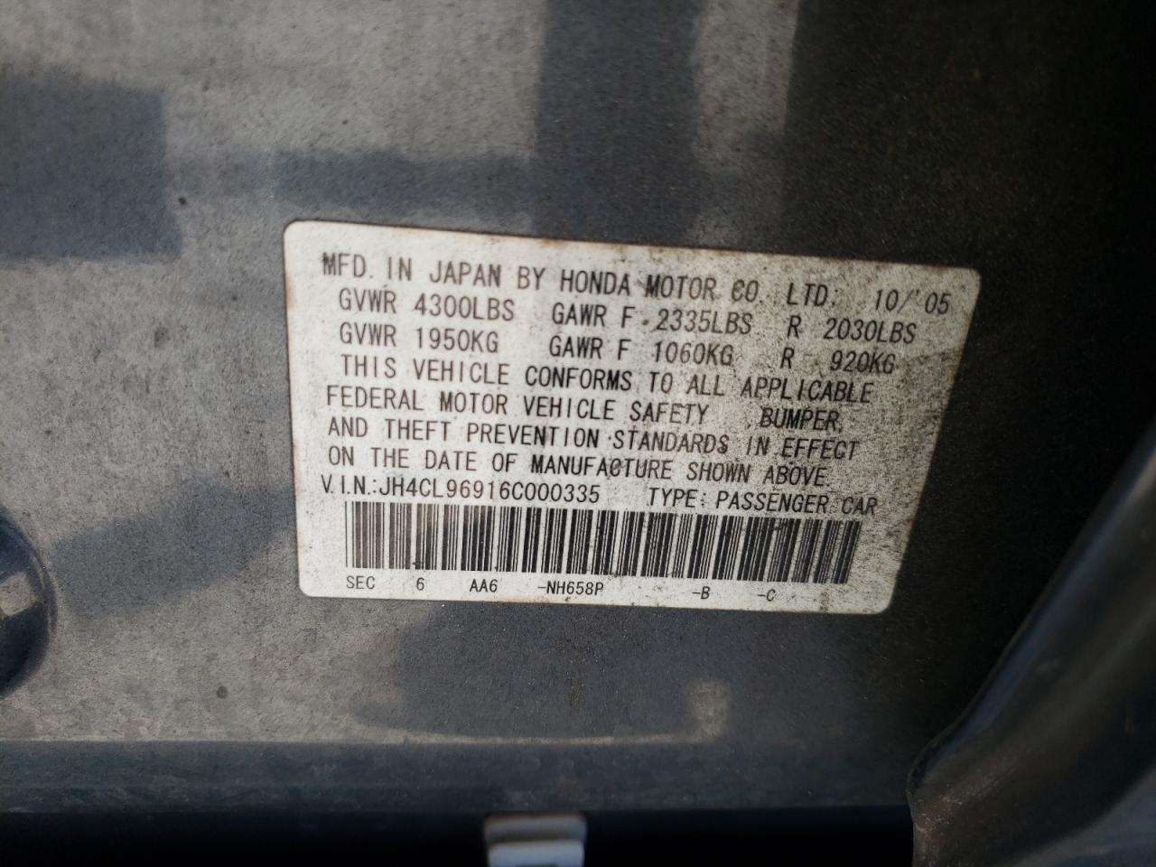 Photo 10 from auction – 2006 ACURA TSX with VIN JH4CL96916C000335