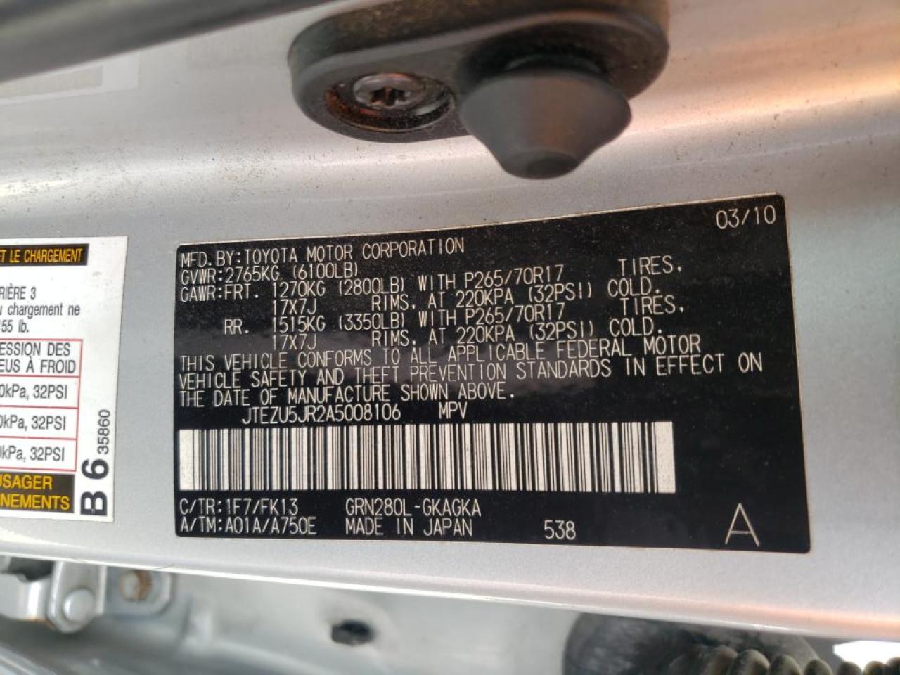 Photo 10 from auction – 2010 TOYOTA 4RUNNER SR with VIN JTEZU5JR2A5008106