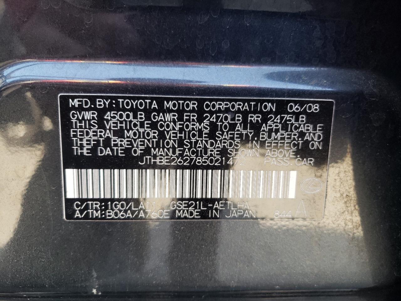 Photo 10 from auction – 2008 LEXUS IS 350 with VIN JTHBE262785021472