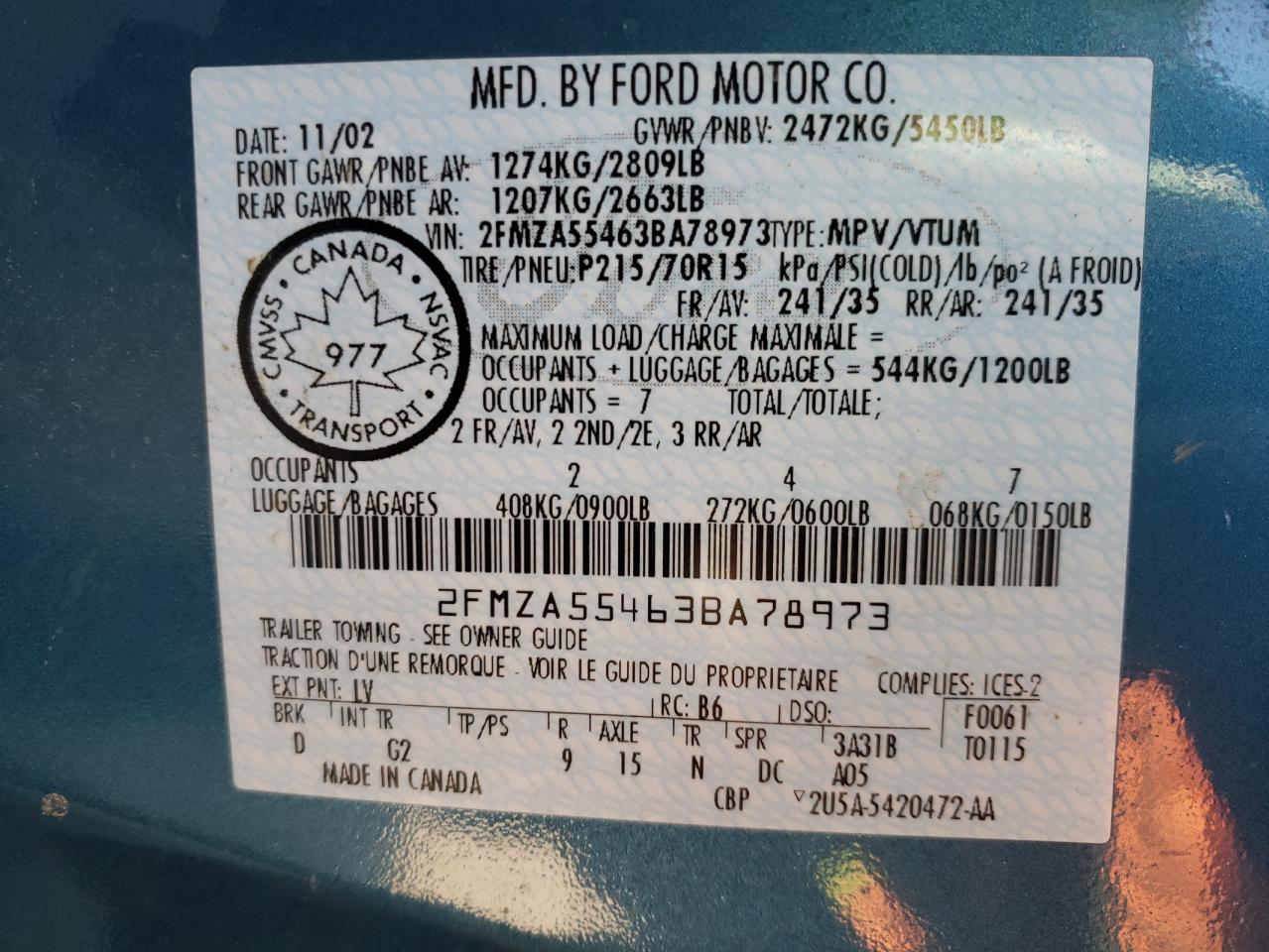 Photo 10 from auction – 2003 FORD WINDSTAR L with VIN 2FMZA55463BA78973
