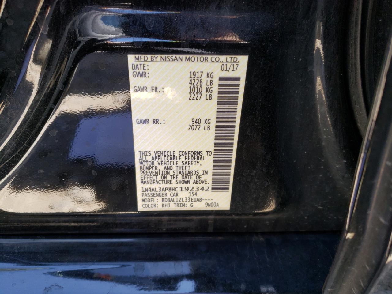 Photo 10 from auction – 2017 NISSAN ALTIMA 2.5 with VIN 1N4AL3AP8HC192342