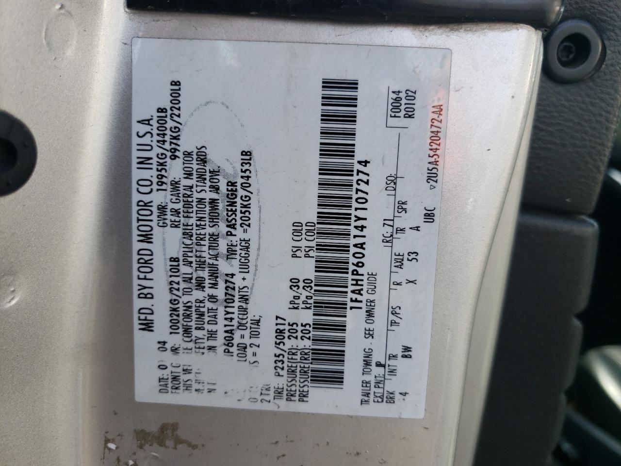 Photo 10 from auction – 2004 FORD THUNDERBIR with VIN 1FAHP60A14Y107274