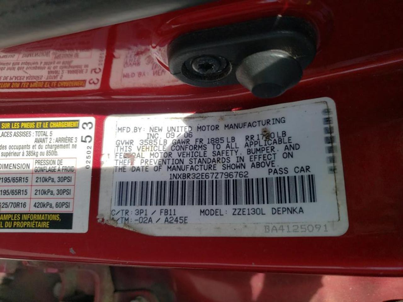 Photo 10 from auction – 2007 TOYOTA COROLLA CE with VIN 1NXBR32E67Z796762