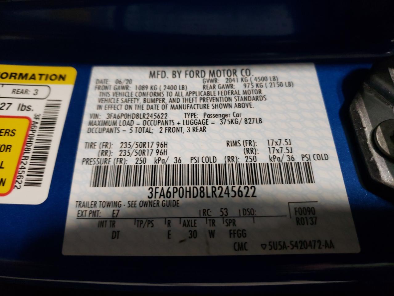 Photo 11 from auction – 2020 FORD FUSION SE with VIN 3FA6P0HD8LR245622