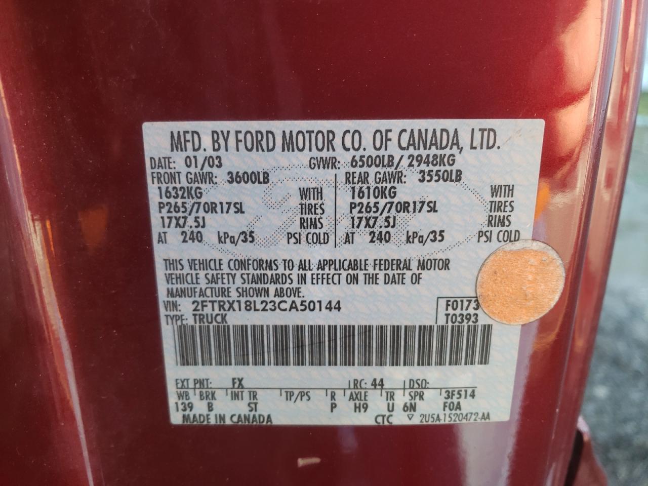 Photo 10 from auction – 2003 FORD F150 with VIN 2FTRX18L23CA50144