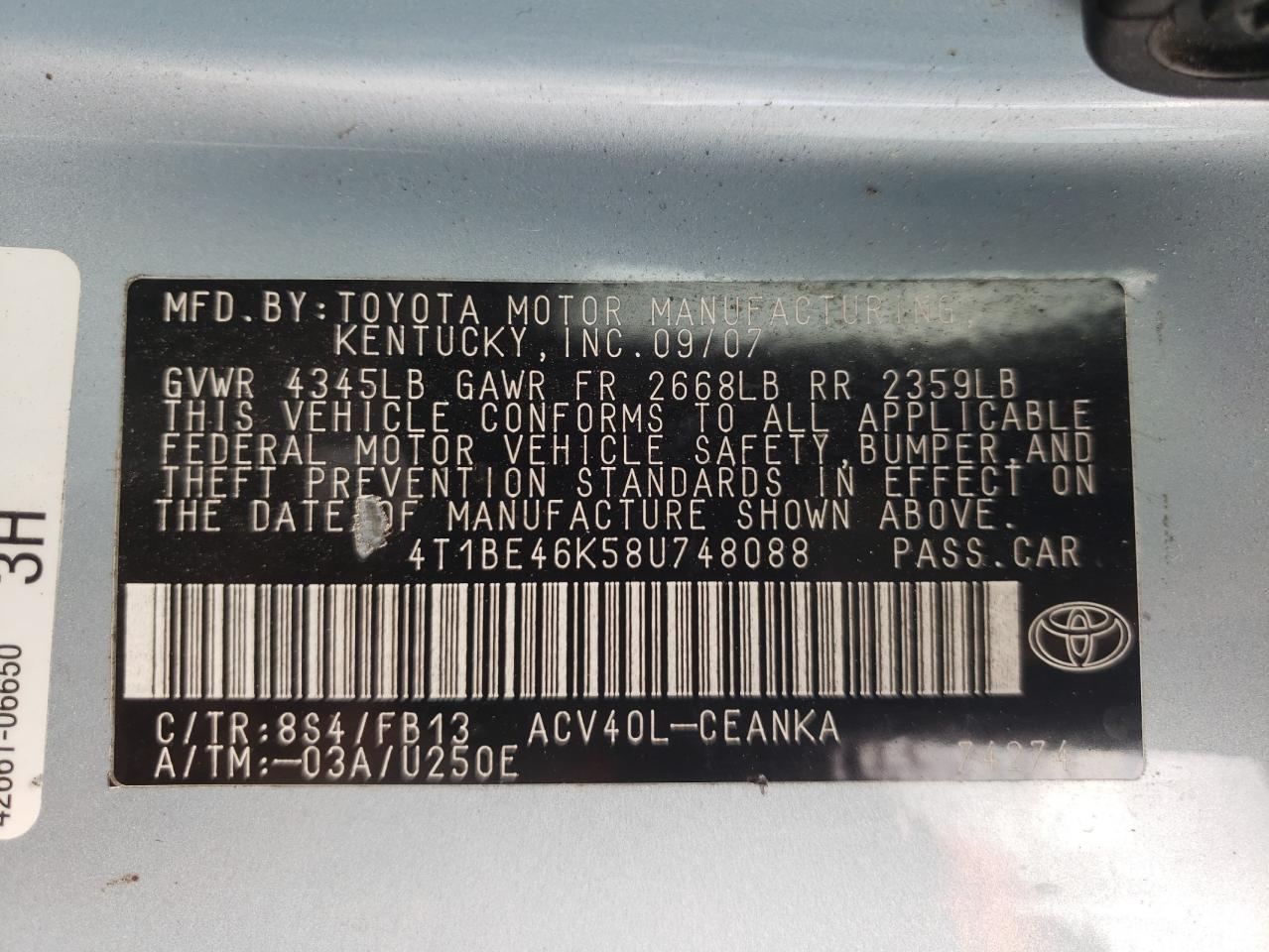 Photo 10 from auction – 2008 TOYOTA CAMRY CE with VIN 4T1BE46K58U748088