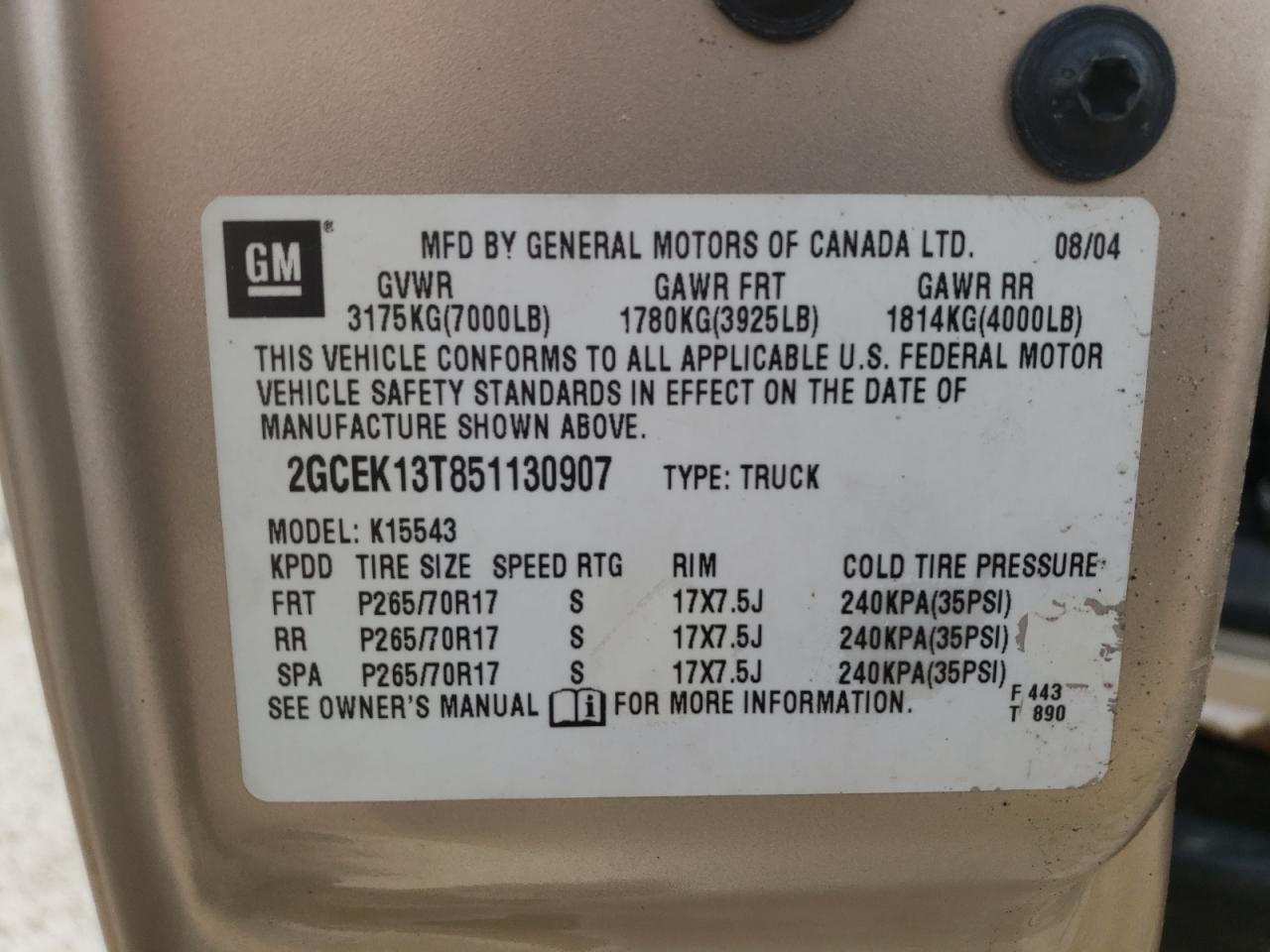 Photo 10 from auction – 2005 CHEVROLET SILVERADO with VIN 2GCEK13T851130907