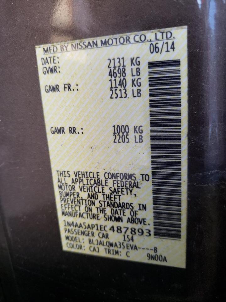 Photo 10 from auction – 2014 NISSAN MAXIMA S with VIN 1N4AA5AP1EC487893