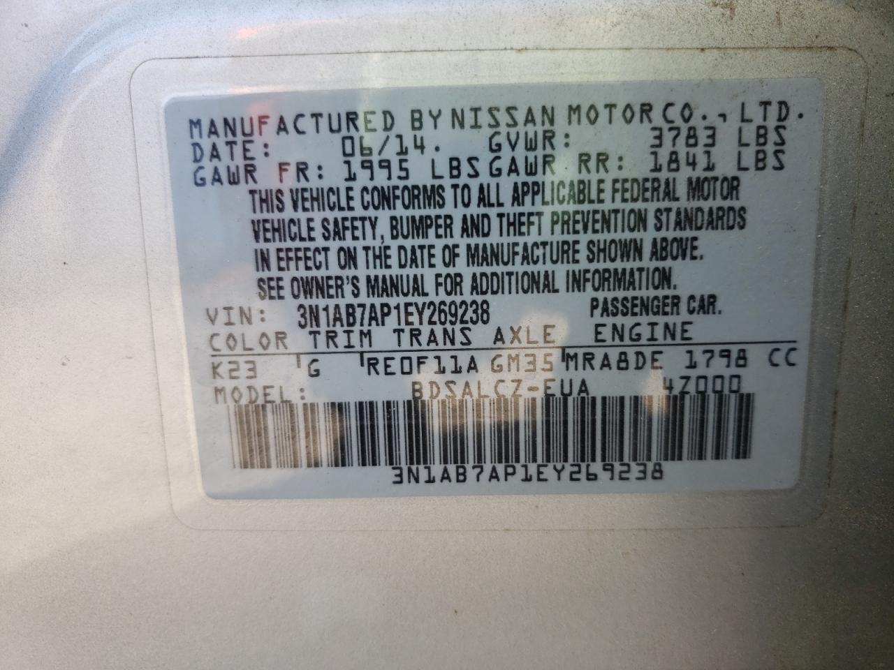 Photo 10 from auction – 2014 NISSAN SENTRA S with VIN 3N1AB7AP1EY269238