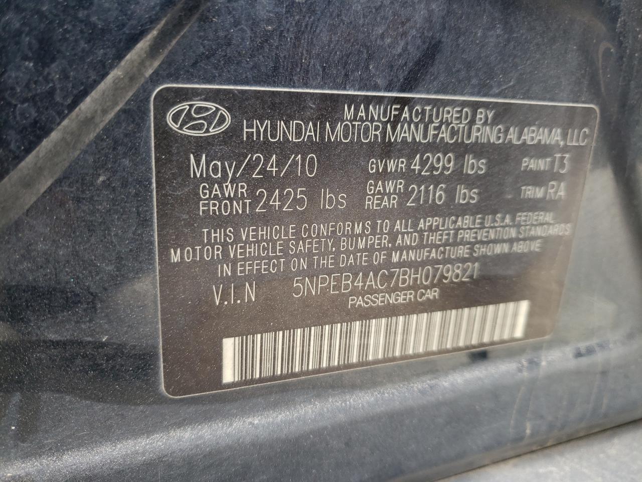 Photo 10 from auction – 2011 HYUNDAI SONATA GLS with VIN 5NPEB4AC7BH079821