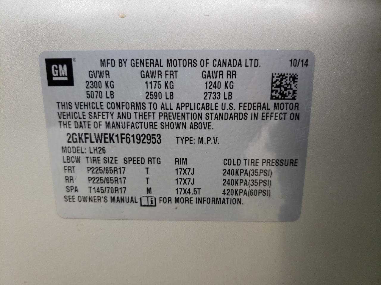 Photo 10 from auction – 2015 GMC TERRAIN SL with VIN 2GKFLWEK1F6192953