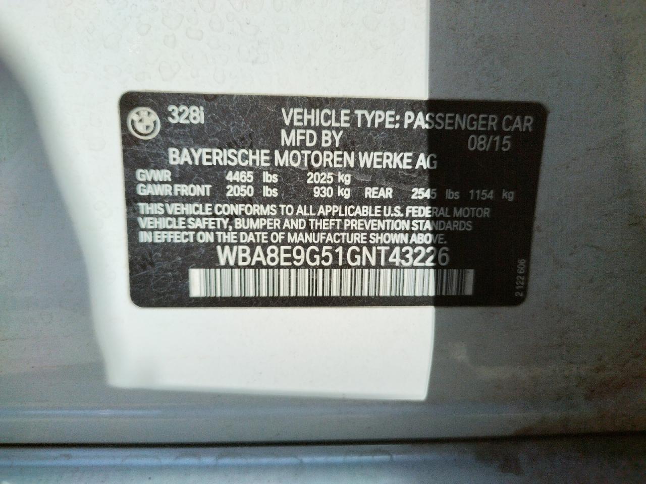 Photo 10 from auction – 2016 BMW 328 I SULE with VIN WBA8E9G51GNT43226