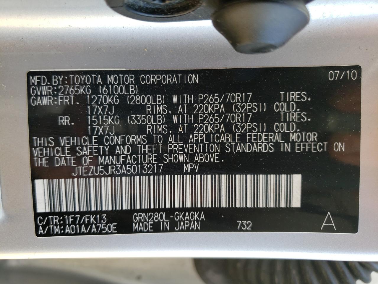 Photo 10 from auction – 2010 TOYOTA 4RUNNER SR with VIN JTEZU5JR3A5013217