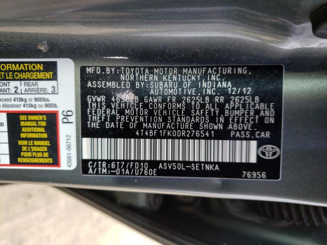 Photo 10 from auction – 2013 TOYOTA CAMRY L with VIN 4T4BF1FK0DR276541