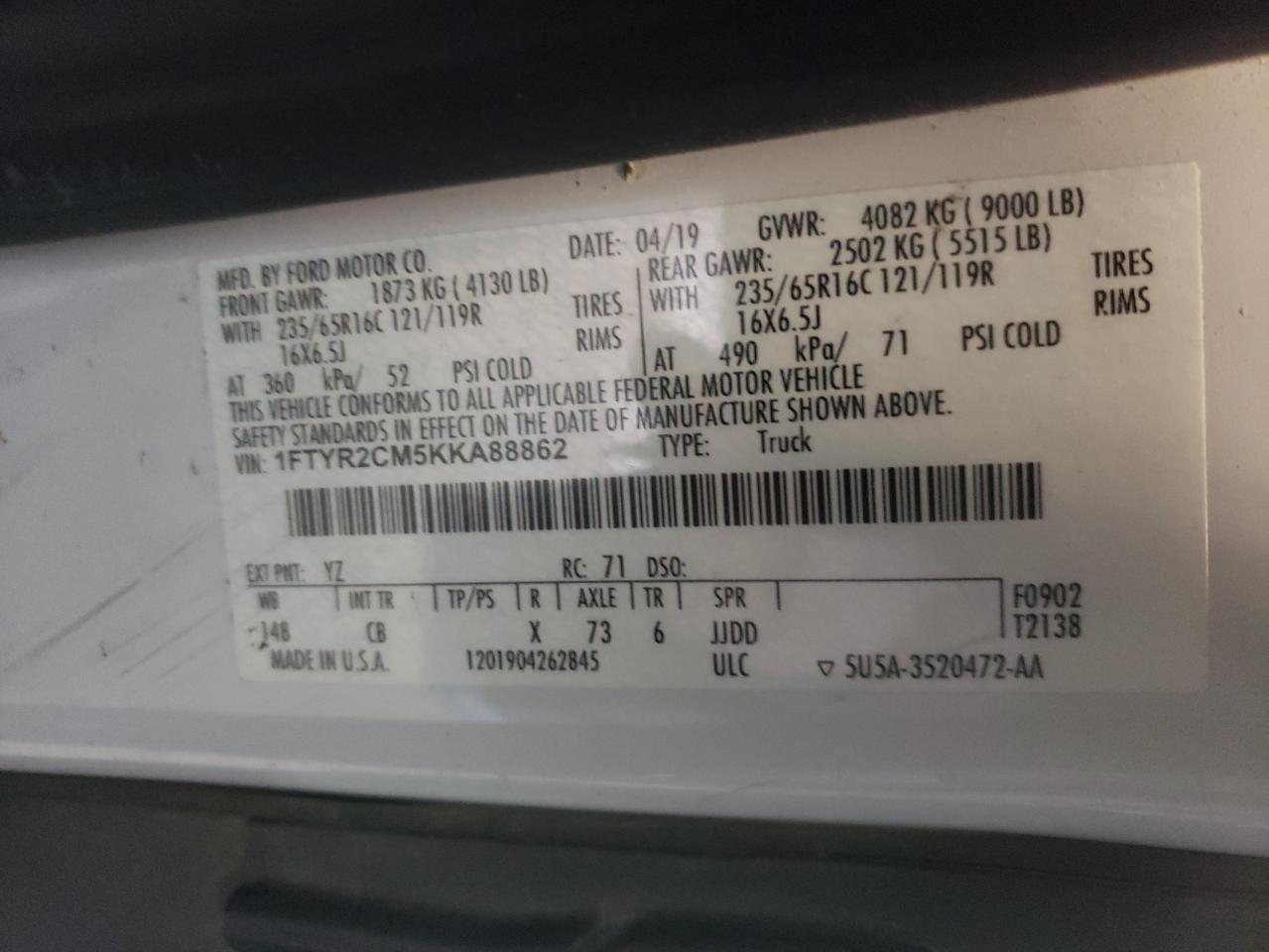 Photo 10 from auction – 2019 FORD TRANSIT T- with VIN 1FTYR2CM5KKA88862