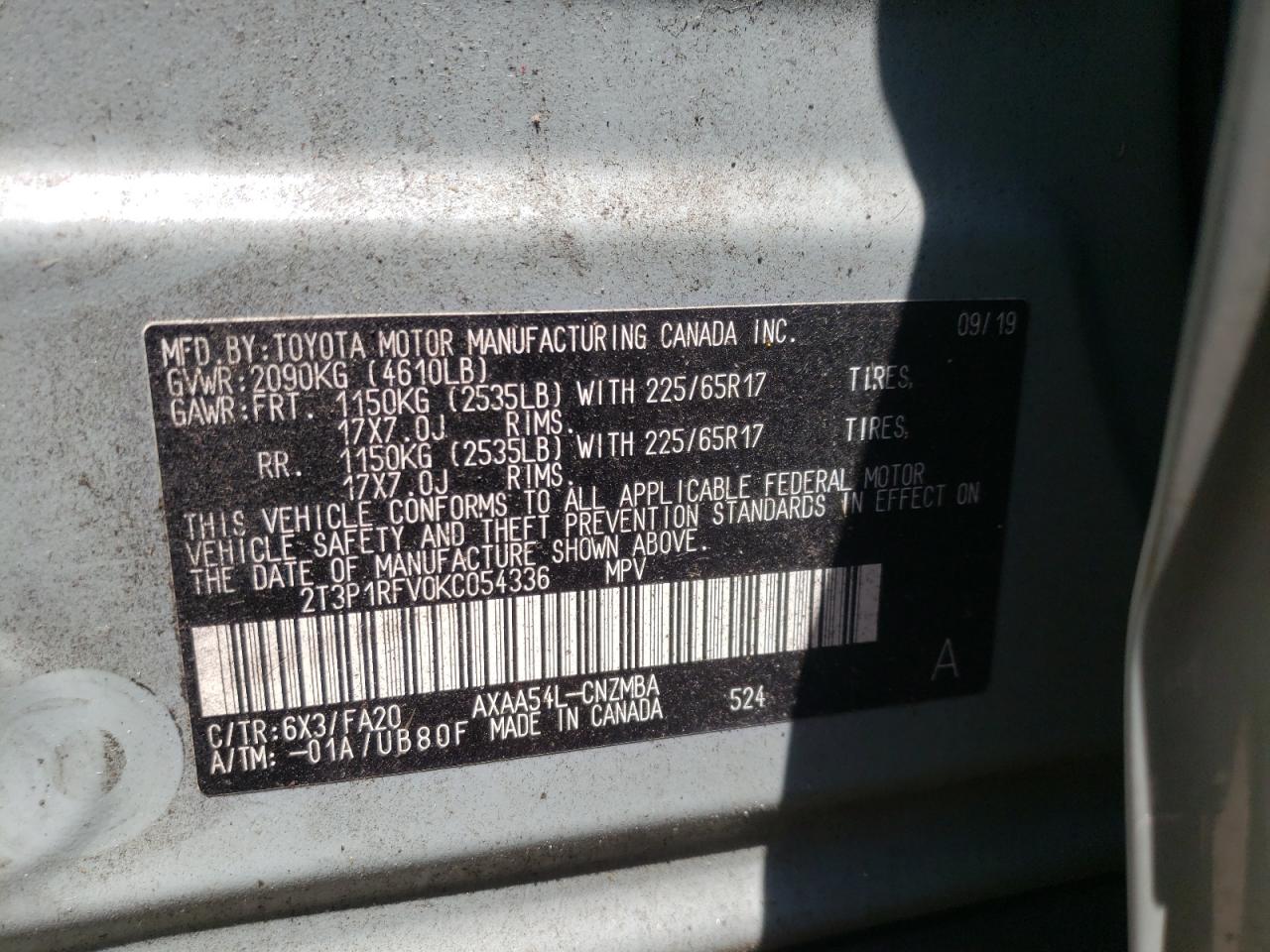 Photo 10 from auction – 2019 TOYOTA RAV4 XLE with VIN 2T3P1RFV0KC054336