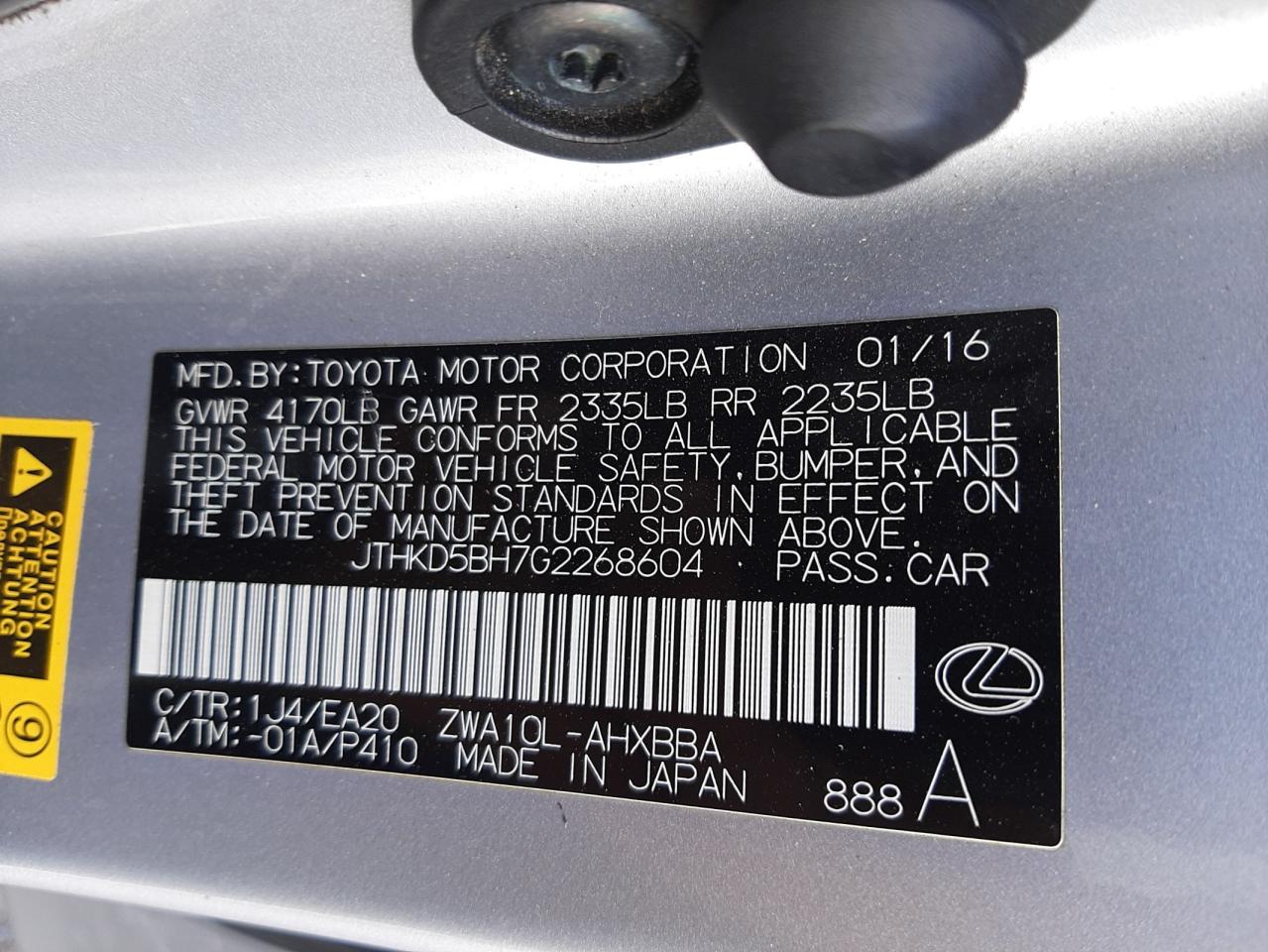 Photo 10 from auction – 2016 LEXUS CT 200 with VIN JTHKD5BH7G2268604