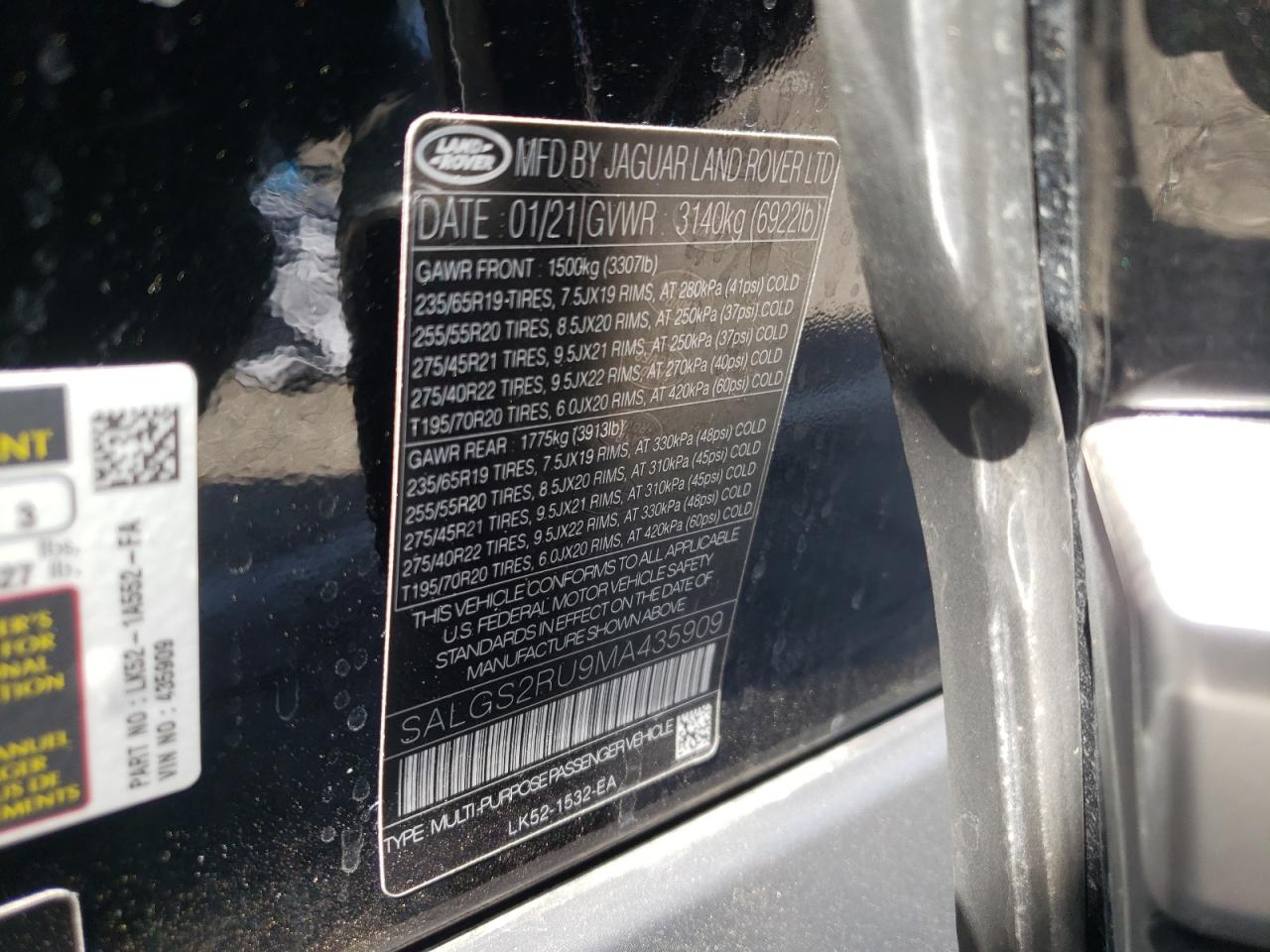 Photo 10 from auction – 2021 LAND ROVER RANGE ROVE with VIN SALGS2RU9MA435909