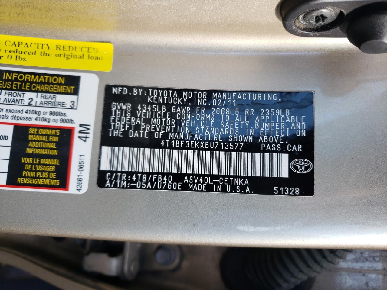 Photo 10 from auction – 2011 TOYOTA CAMRY BASE with VIN 4T1BF3EKXBU713577
