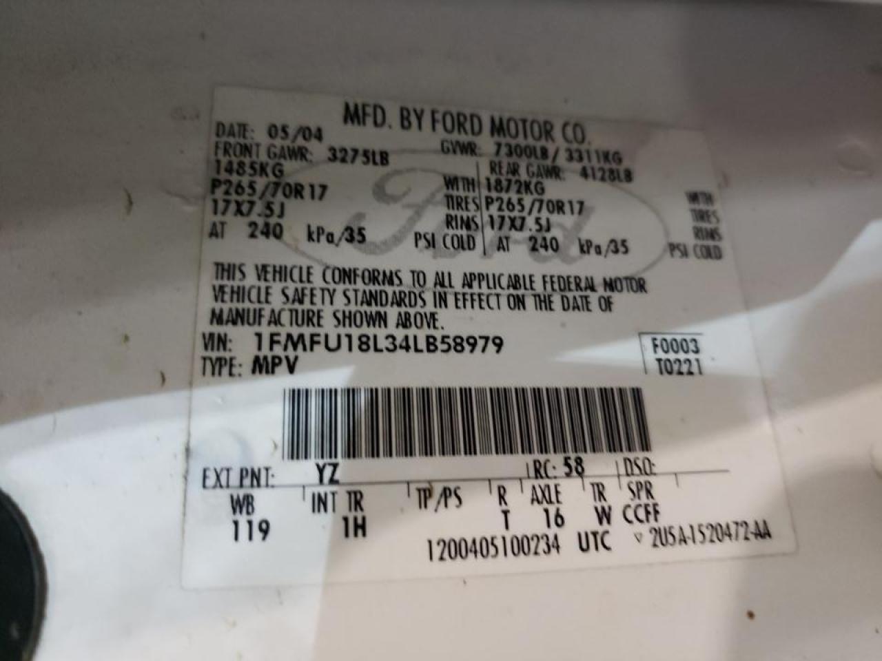 Photo 10 from auction – 2004 FORD EXPEDITION with VIN 1FMFU18L34LB58979