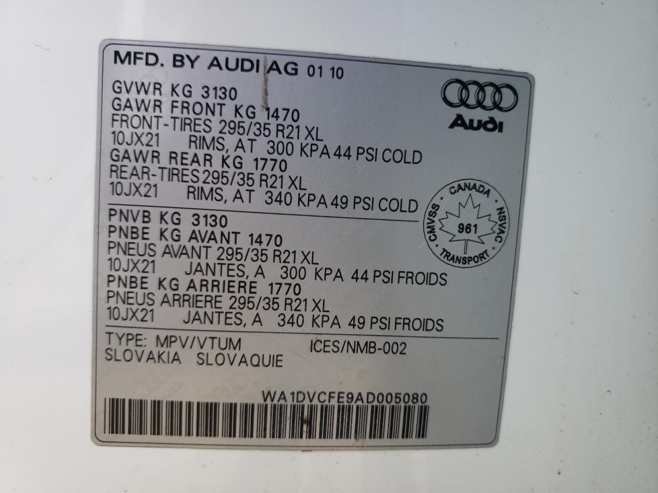 Photo 10 from auction – 2010 AUDI Q7 PRESTIG with VIN WA1DVCFE9AD005080