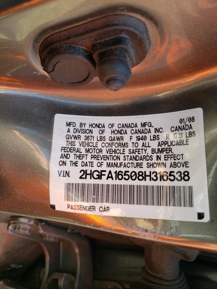Photo 10 from auction – 2008 HONDA CIVIC LX with VIN 2HGFA16508H316538