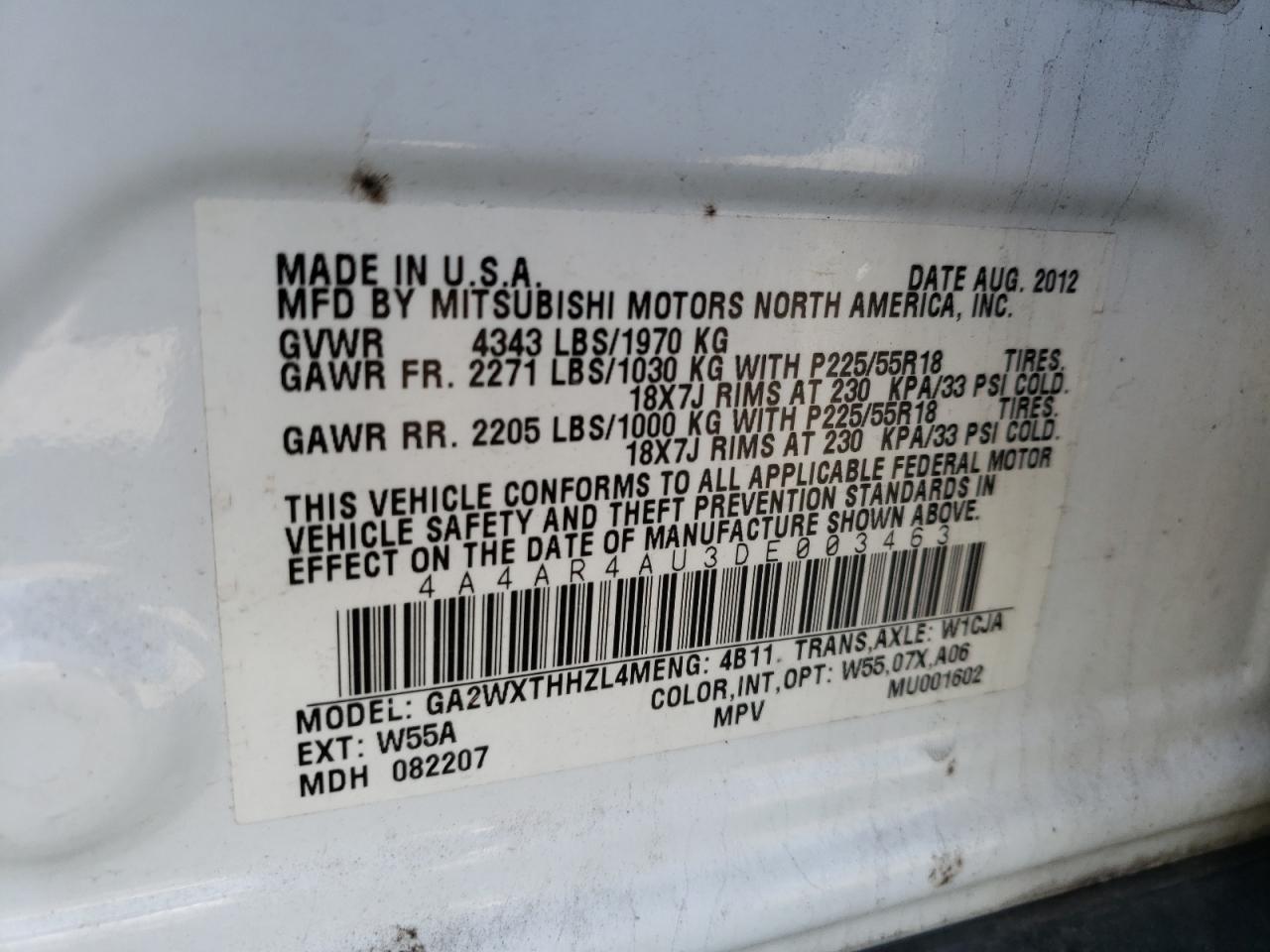 Photo 10 from auction – 2013 MITSUBISHI OUTLANDER with VIN 4A4AR4AU3DE003463