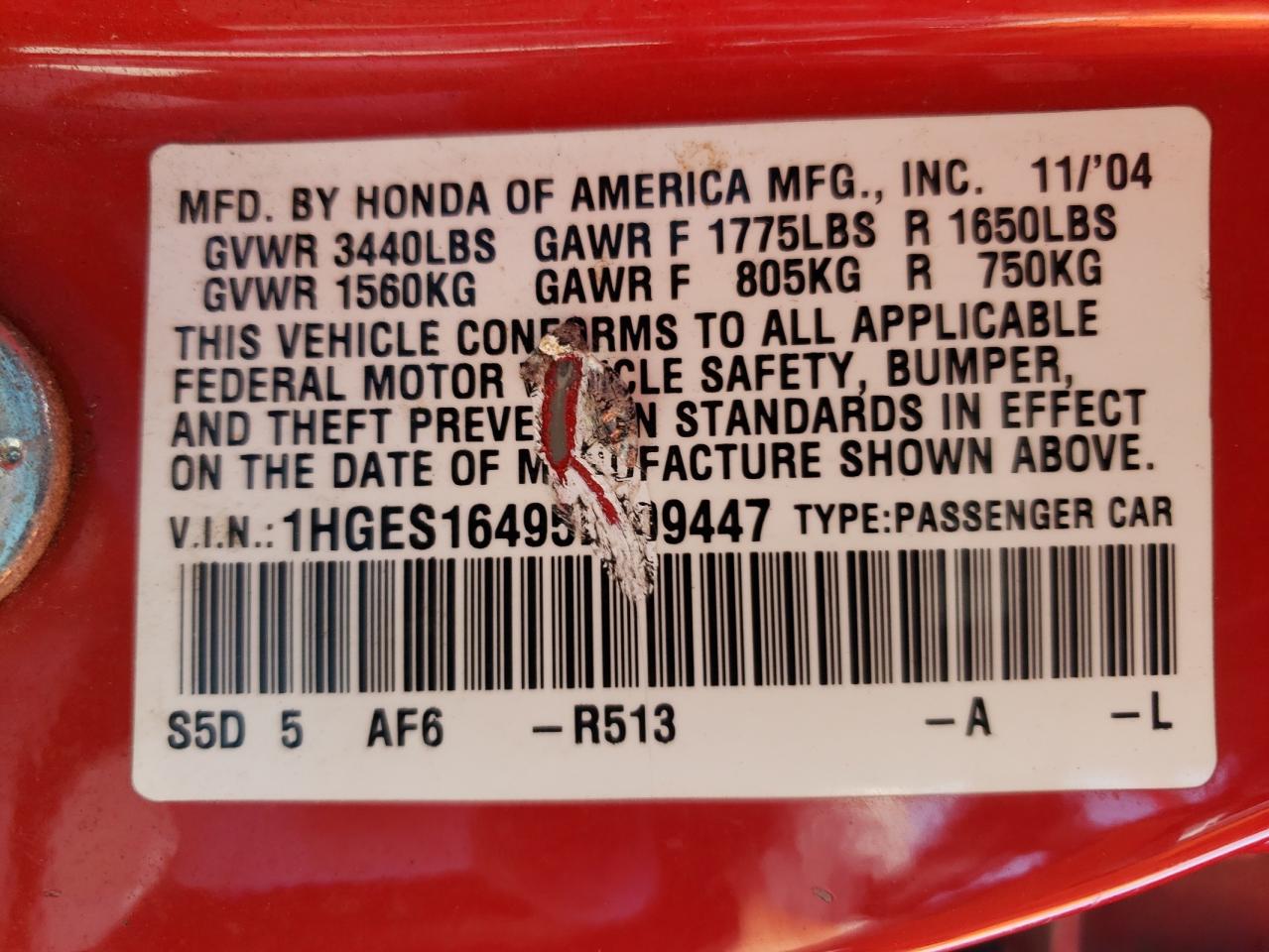 Photo 10 from auction – 2005 HONDA CIVIC DX with VIN 1HGES16495L009447