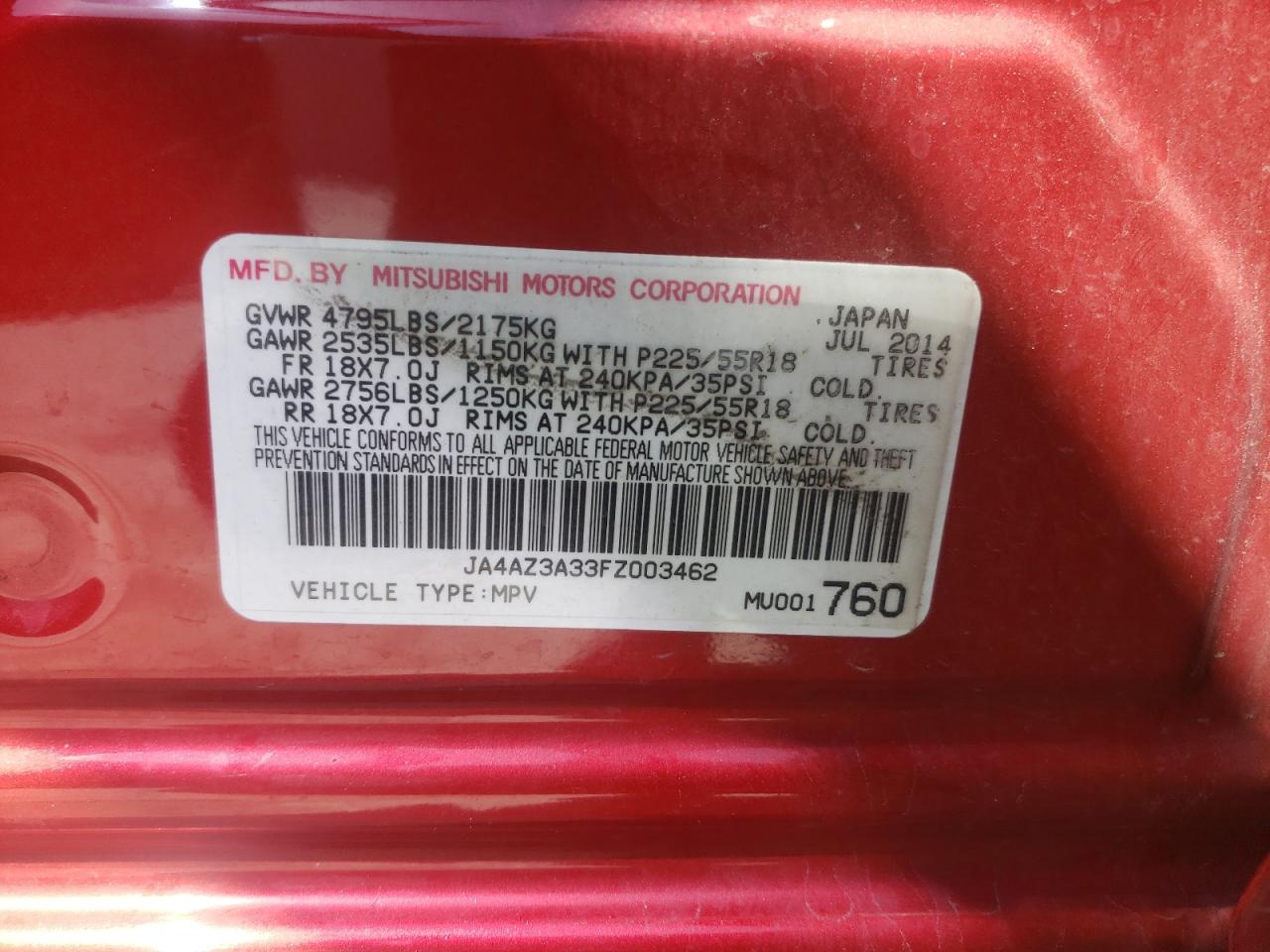 Photo 10 from auction – 2015 MITSUBISHI OUTLANDER with VIN JA4AZ3A33FZ003462
