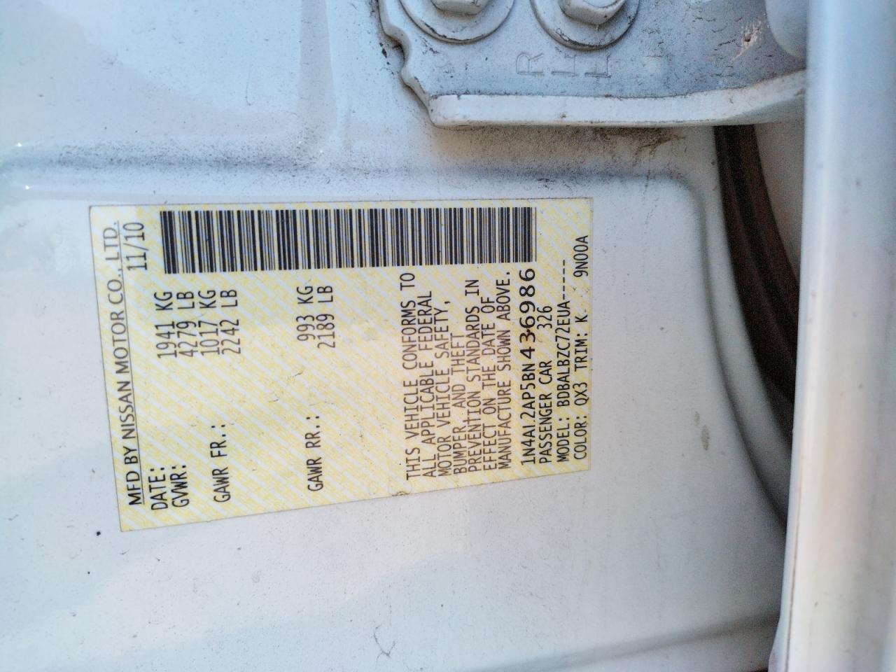 Photo 10 from auction – 2011 NISSAN ALTIMA BAS with VIN 1N4AL2AP5BN436986