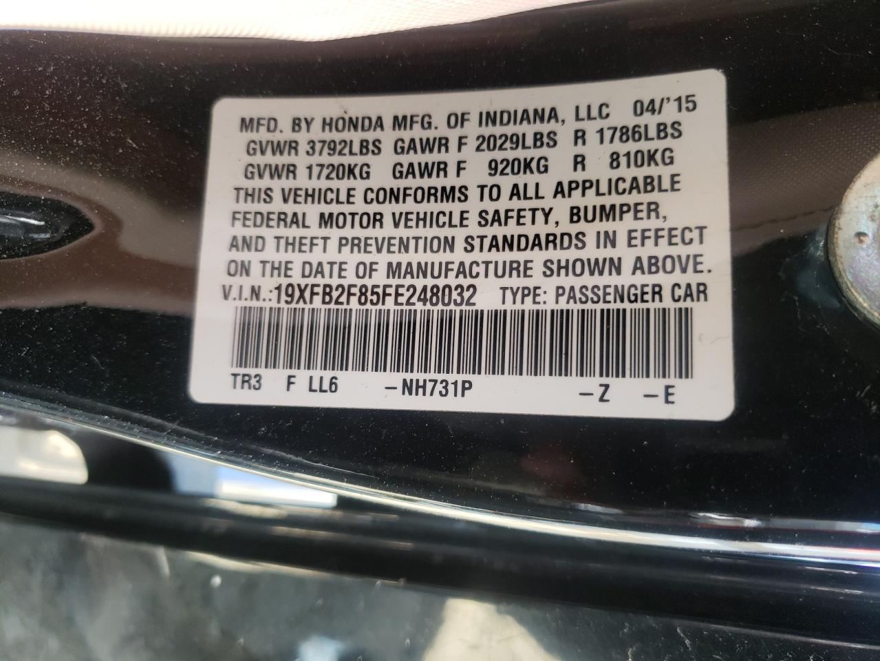 Photo 10 from auction – 2015 HONDA CIVIC EX with VIN 19XFB2F85FE248032