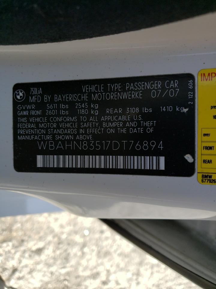 Photo 10 from auction – 2007 BMW 750 with VIN WBAHN83517DT76894